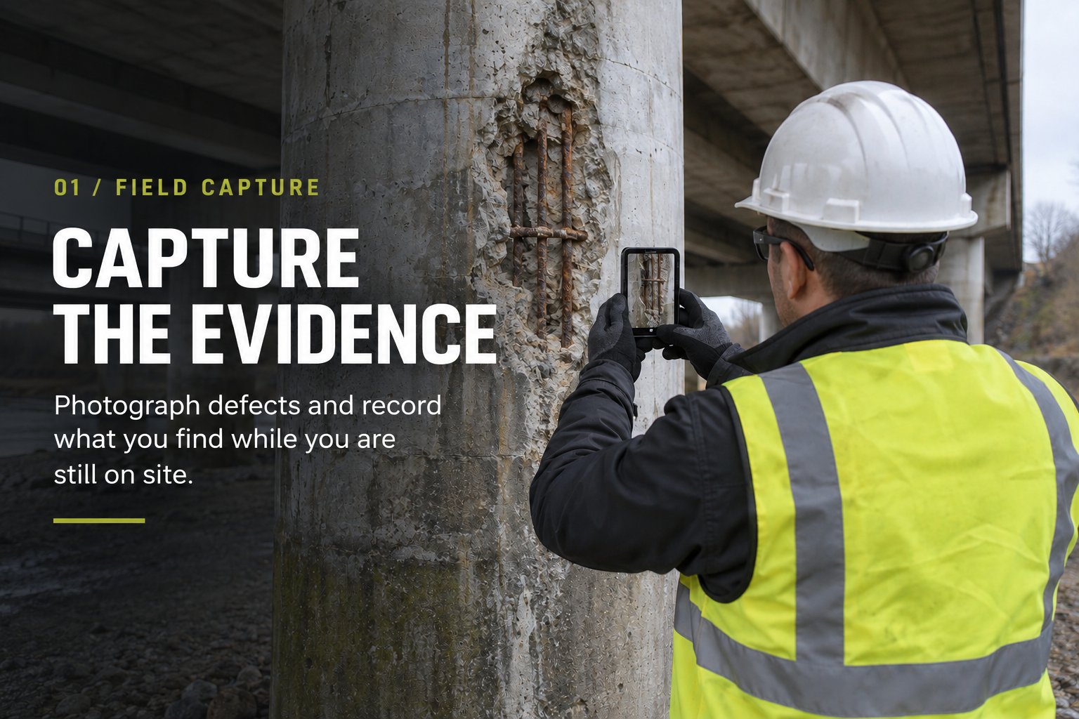 Inspector photographing a concrete defect: Capture the evidence
