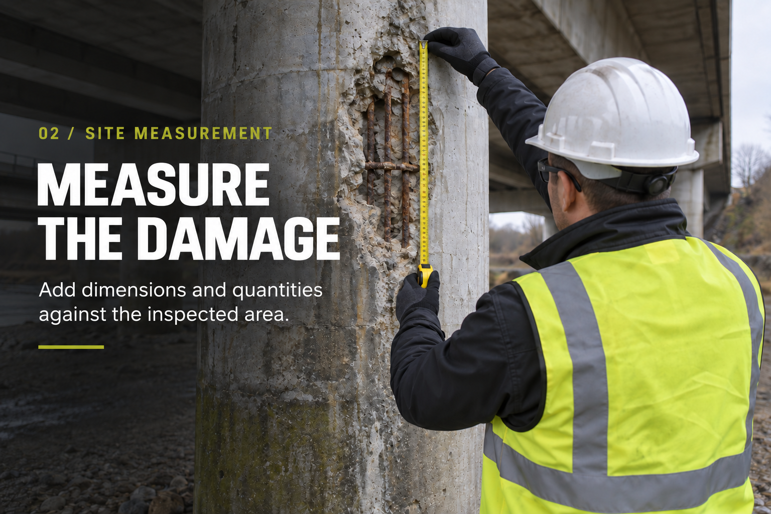 Inspector measuring a concrete defect: Measure the damage