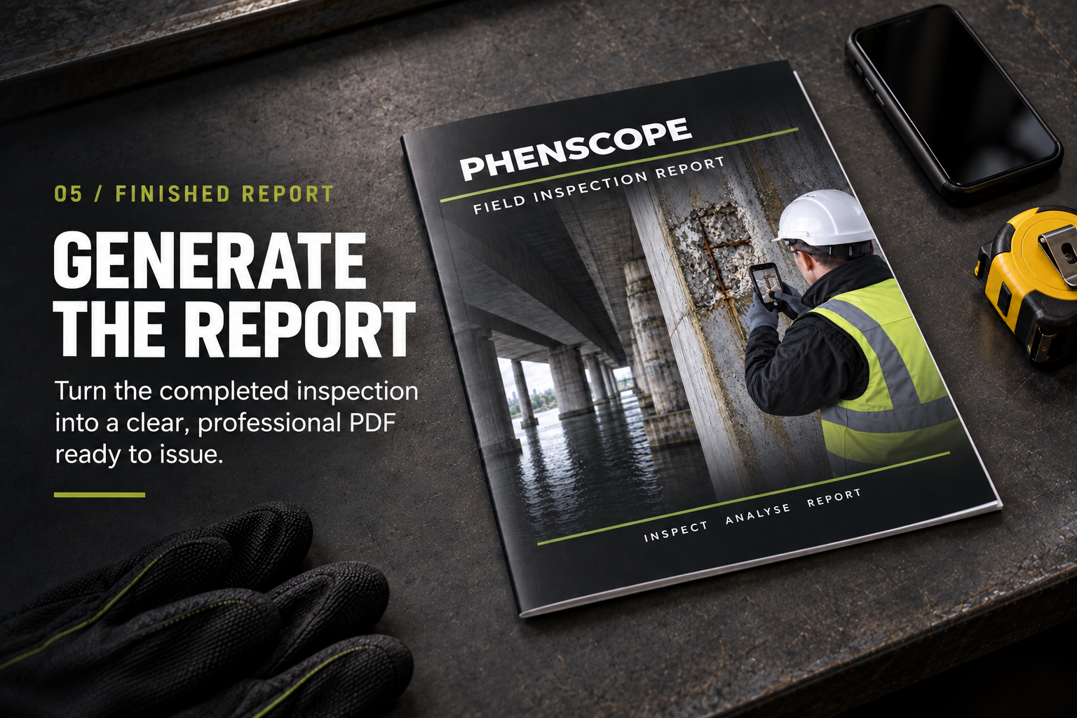 Finished PhenScope inspection report on an industrial work desk